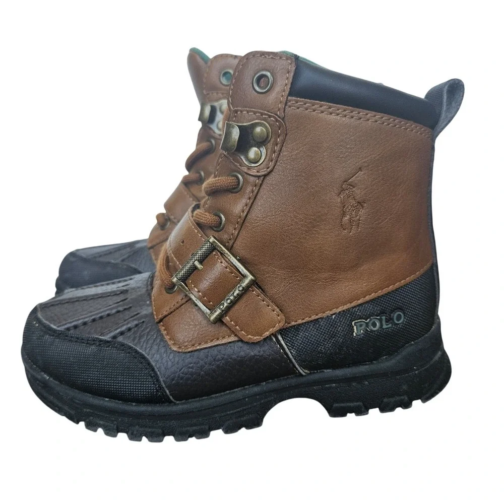 Polo Ralph Lauren Boots Kids 11.5 Brown Colbey Mid II Duck Boot Buckle Preppy